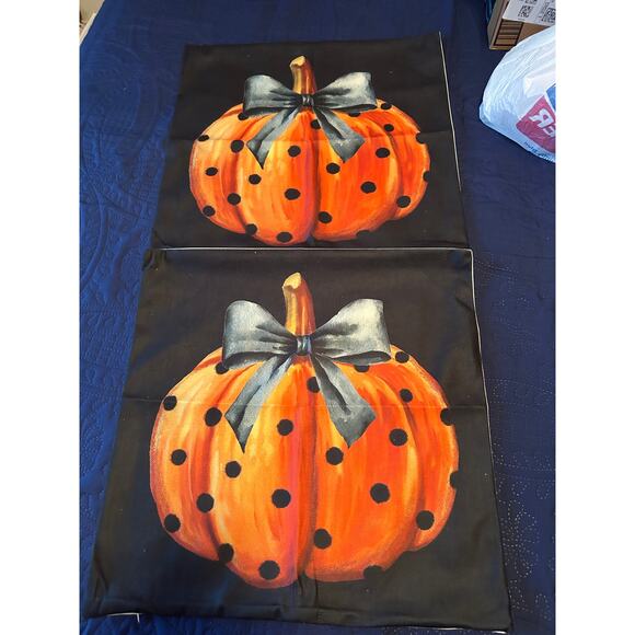NWOT Set of 2 Fall Pumpkin Pillow Covers Soft Autumn Thanksgiving 18" x 18" - Picture 1 of 2